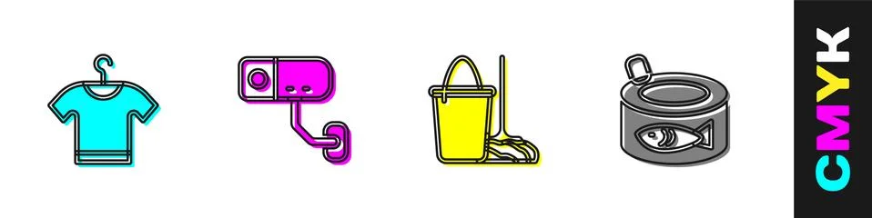 Set T-shirt, Security camera, Mop and bucket and Canned fish icon. Vector Stock-Illustration