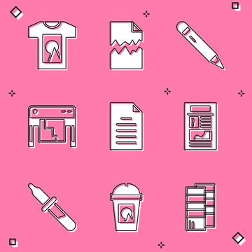 Set T-shirt, Torn document, Pencil with eraser, Plotter, File, News, Pipette and Illustrazione stock