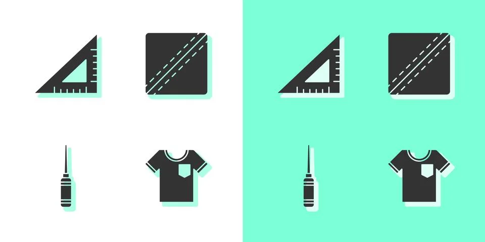 Set T-shirt, Triangular ruler, Awl tool and Sewing Pattern icon. Vector Illustrazione stock