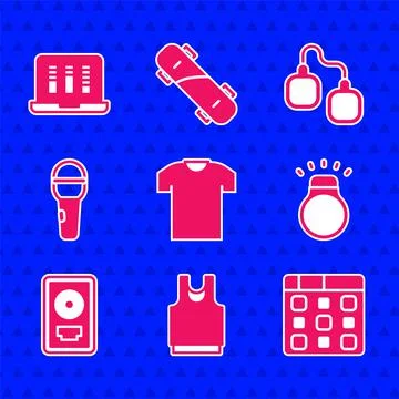 Set T-shirt, Undershirt, Drum machine music, Diamond ring, CD disk award frame Stock Illustration