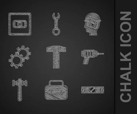 Set T-square line, Toolbox, Construction bubble level, Electric drill machine Illustrazione stock