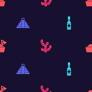 Set Tabasco sauce, Chichen Itza in Mayan, Cactus and Nachos bowl on seamless Stock Illustration