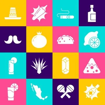 Set Tabasco sauce, Nachos, Lemon, Cigar, Tomato, Mustache, Mexican sombrero.. Stock Illustration