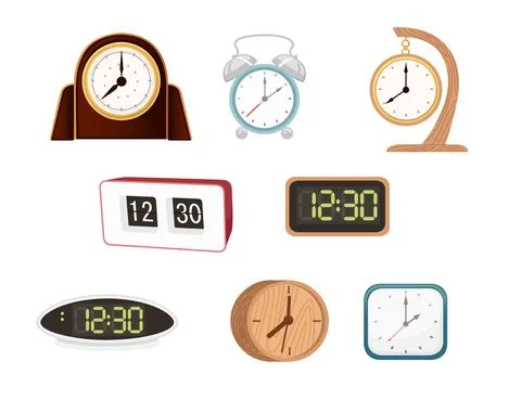 Set of table alarm clocks modern and classic style mechanical and electrical Stock Illustration