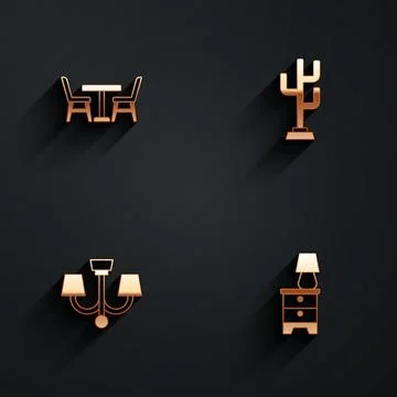 Set Table with chair, Coat stand, Chandelier and Furniture nightstand lamp icon Stock Illustration