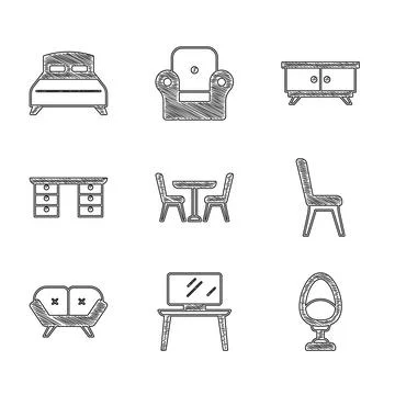 Set Table with chair, TV table stand, Armchair, Chair, Sofa, Office desk Stock Illustration