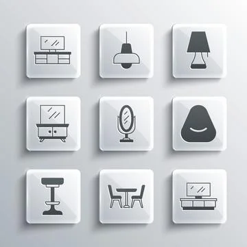 Set Table with chair, TV table stand, Pouf, Mirror, Chair, Dressing,  and l.. Stock Illustration