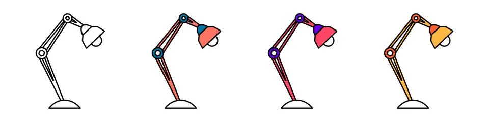 Set of table desk lamp in flat outline style. Reading light in cartoon style. Stock Illustration