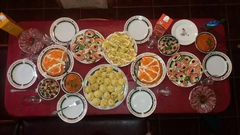 Set table with different dishes Stock Photos