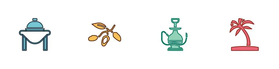 Set Table food, Date fruit, Hookah and Tropical palm tree icon. Vector Stock Illustration