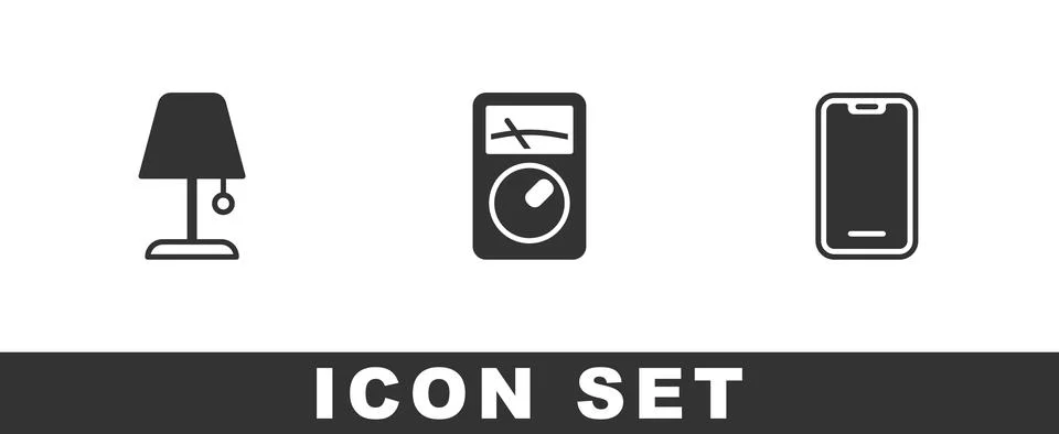 Set Table lamp, Ampere meter, multimeter and Mobile phone icon. Vector Stock Illustration