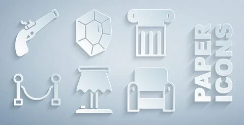 Set Table lamp, Ancient column, Rope barrier, Armchair, Gem stone and Vintage Stock Illustration