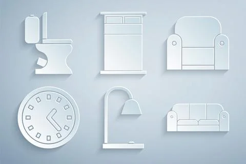 Set Table lamp, Armchair, Clock, Sofa, Big bed and Toilet bowl icon. Vector Illustrazione stock