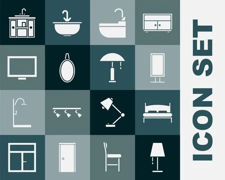 Set Table lamp, Big bed, full length mirror, Washbasin with water tap, Mirror Illustrazione stock