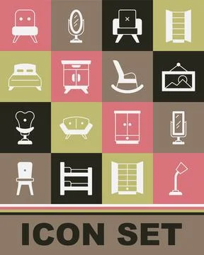 Set Table lamp, Big full length mirror, Picture, Armchair, Furniture nightstand Stock Illustration