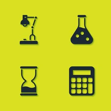 Set Table lamp, Calculator, Old hourglass and Test tube icon. Vector Stock Illustration