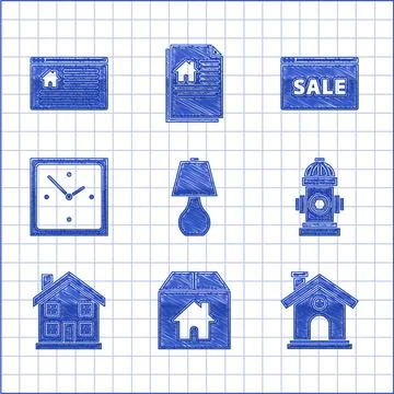 Set Table lamp, Cardboard box with house, House, Fire hydrant, Home symbol Stock Illustration