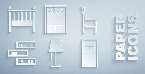 Set Table lamp, Chair, Shelf with books, Closed door, Wardrobe and Baby crib Stock Illustration
