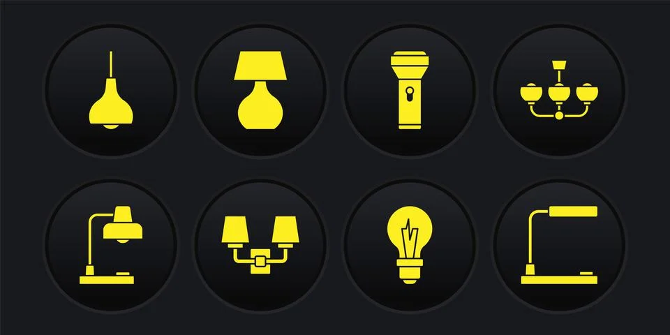 Set Table lamp, Chandelier, Wall or sconce, Light bulb, Flashlight, and Lamp Stock Illustration