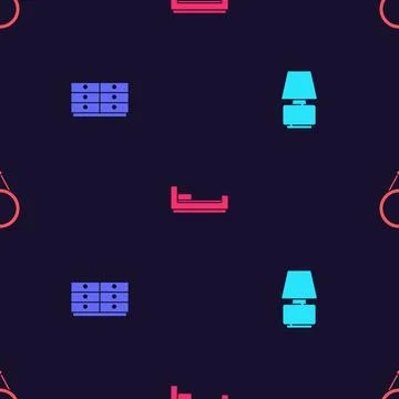 Set Table lamp, Chest of drawers, Bed and Mirror on seamless pattern. Vector Illustrazione stock