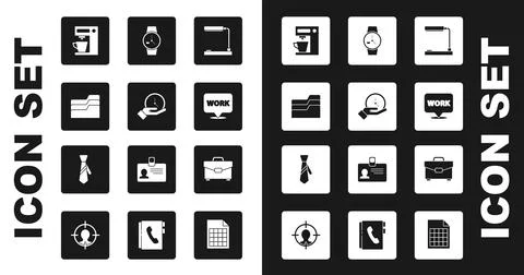 Set Table lamp, Clock, Document folder, Coffee machine, Location with text work Stock Illustration