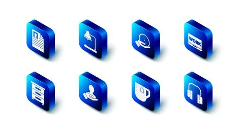 Set Table lamp, Clock, Laptop with text work, Headphones, Cup of tea tea bag イラスト素材