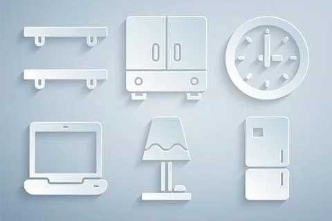 Set Table lamp, Clock, Laptop, Refrigerator, Wardrobe and Empty wooden shelves Stock Illustration