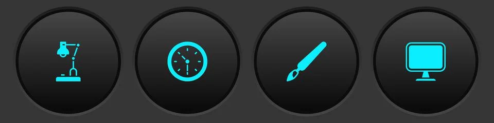 Set Table lamp, Clock, Paint brush and Computer monitor icon. Vector Stock Illustration