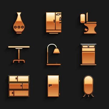 Set Table lamp, Closed door, Big full length mirror, bed, Shelf, Round tabl.. 스톡 일러스트