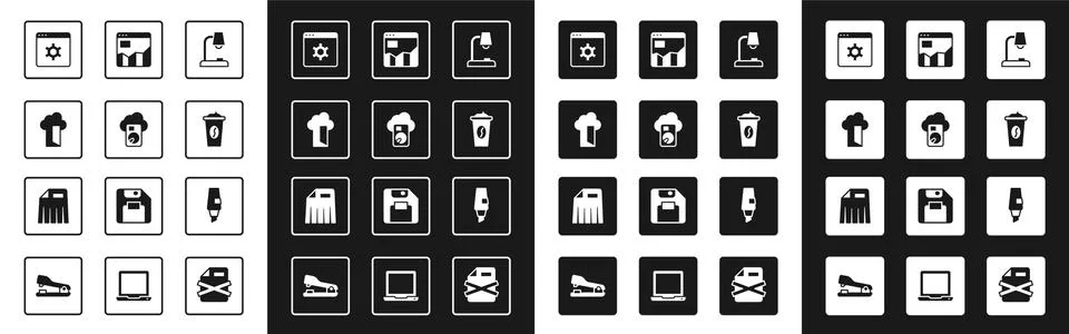 Set Table lamp, Cloud database, Browser setting, Coffee cup to go, Graph chart Stock Illustration