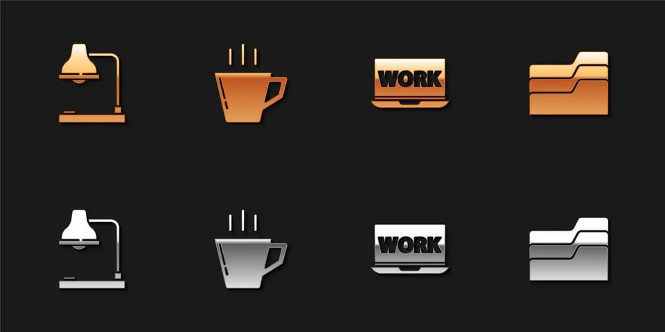 Set Table lamp, Coffee cup, Laptop with text work and Document folder icon Illustrazione stock