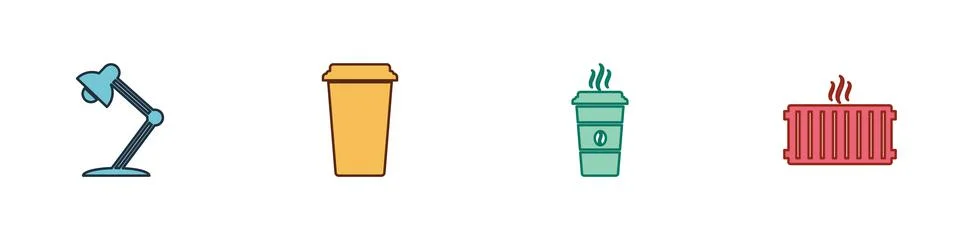 Set Table lamp, Coffee cup, and Heating radiator icon. Vector Stock Illustration
