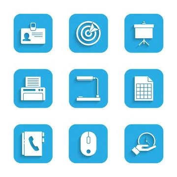 Set Table lamp, Computer mouse, Clock, File document, Address book, Printer 库存插图