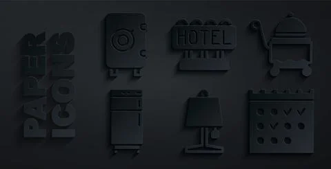 Set Table lamp, Covered with tray, Refrigerator, Hotel booking calendar Illustrazione stock