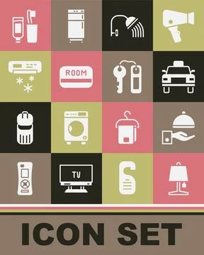 Set Table lamp, Covered with tray, Taxi car, Shower head, Hotel key card, Air Illustrazione stock