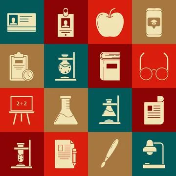 Set Table lamp, Document, Glasses, Apple, test tube flask on fire, Exam she.. Stock Illustration