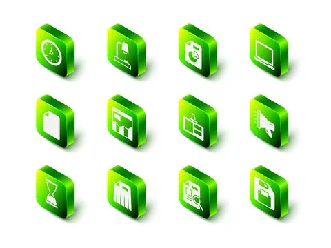 Set Table lamp, Document with graph chart, Laptop, Megaphone, Floppy disk Illustrazione stock