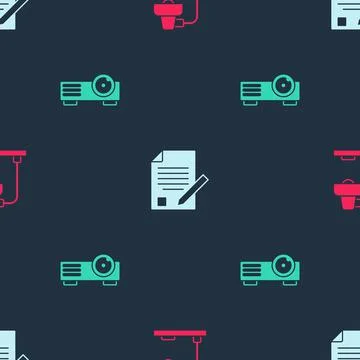 Set Table lamp, Exam sheet and pencil and Movie, film, media projector on Stock Illustration