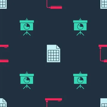 Set Table lamp, File document and Chalkboard with diagram on seamless pattern Stock Illustration