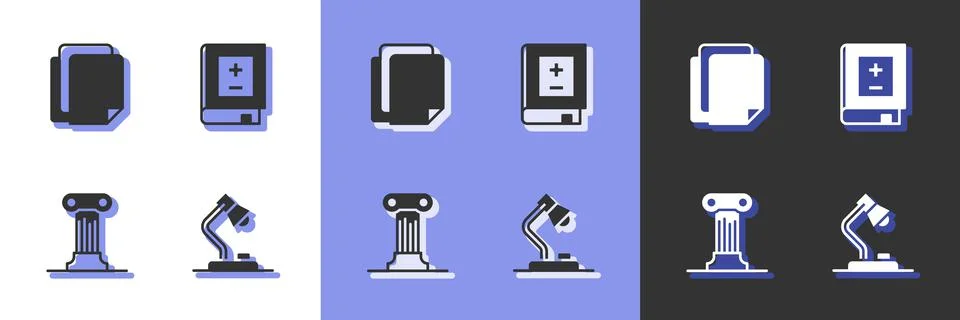 Set Table lamp, File document, Law pillar and Book with mathematics icon. Vector Stock Illustration