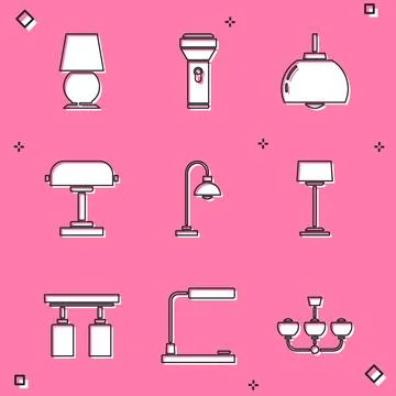 Set Table lamp, Flashlight, Chandelier, Floor, Led track lights lamps and  .. Stock Illustration
