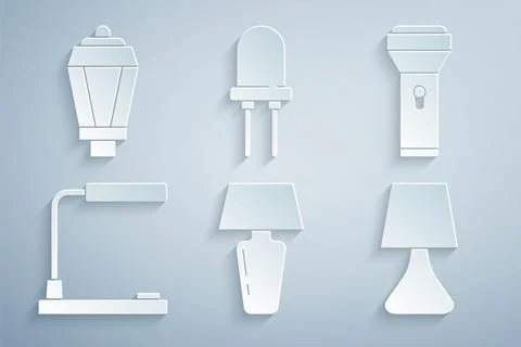 Set Table lamp, Flashlight, Light emitting diode and Garden icon. Vector Stock Illustration