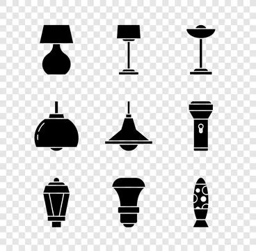 Set Table lamp, Floor, Garden light, LED bulb, Chandelier and  icon. Vector Illustrazione stock