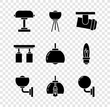 Set Table lamp, Floor, Led track lights and lamps, Wall sconce, Chandelier,.. Stock Illustration