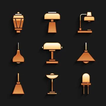 Set Table lamp, Floor, Light emitting diode, Lamp hanging, Chandelier,  and.. Illustrazione stock