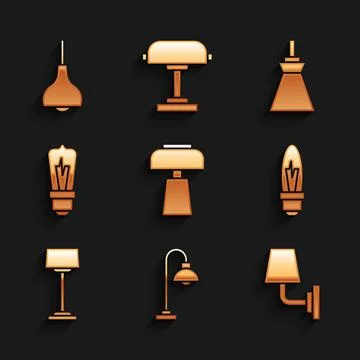 Set Table lamp, Floor, Wall sconce, Light bulb, Lamp hanging and icon. Vector Stock Illustration