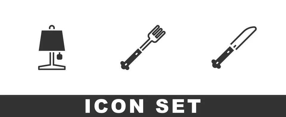 Set Table lamp, Fork and Knife icon. Vector Stock Illustration