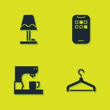 Set Table lamp, Hanger wardrobe, Coffee machine and Mobile Apps icon. Vector Illustrazione stock