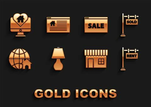 Set Table lamp, Hanging sign with text Sold, Rent, Shopping building or market Ilustración de archivo