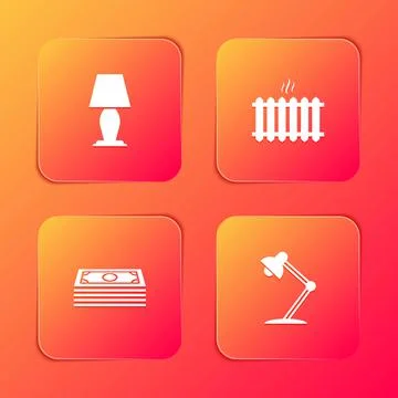 Set Table lamp, Heating radiator, Stacks paper money cash and icon. Vector Stock Illustration